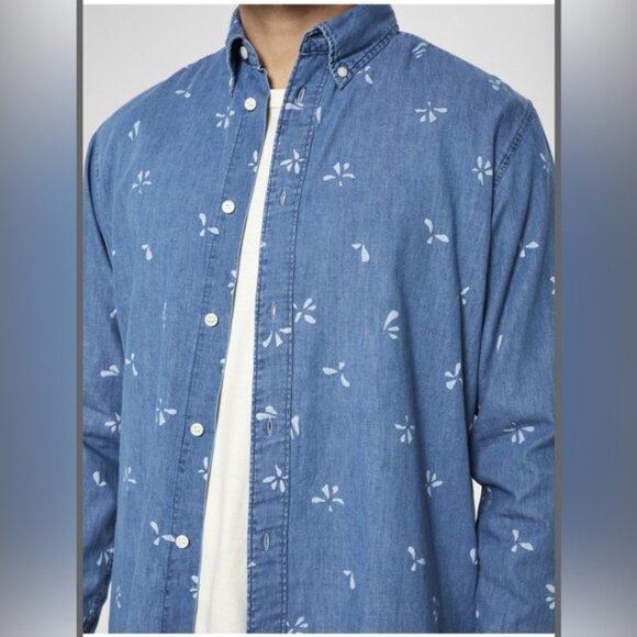 Selected Homme Slim Fit Denim Button Down Shirt W White Light Floral Designs - Picture 1 of 11